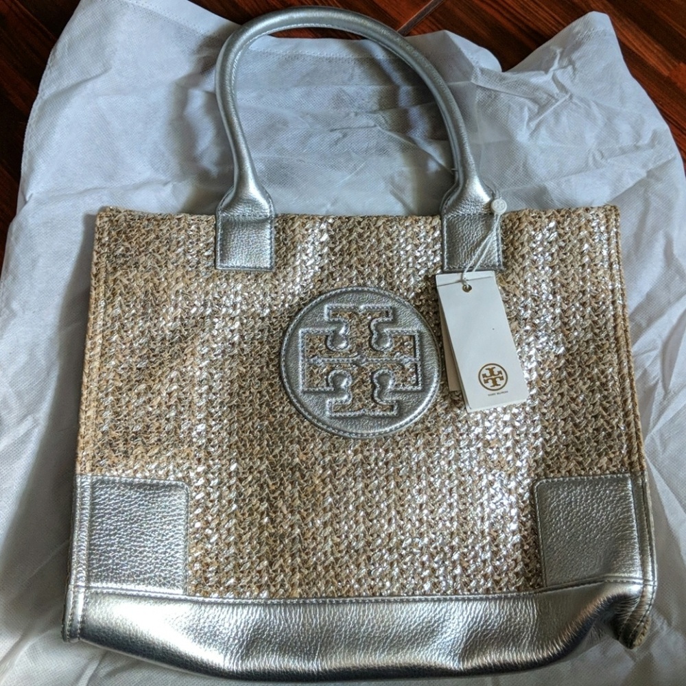 Tory burch ella metallic straw mini tote